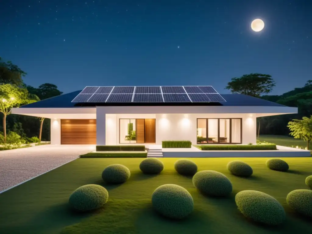 Baterías para energía solar nocturna: Casa moderna con paneles solares iluminados por la luna en paisaje sereno y sostenible