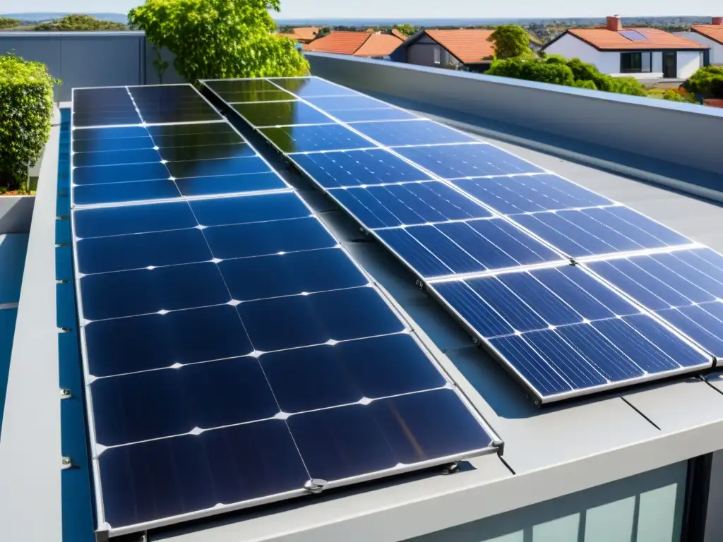 Baterías solares hogar eficiencia máxima: Detalle de sistema solar en tejado residencial, sofisticado y sostenible