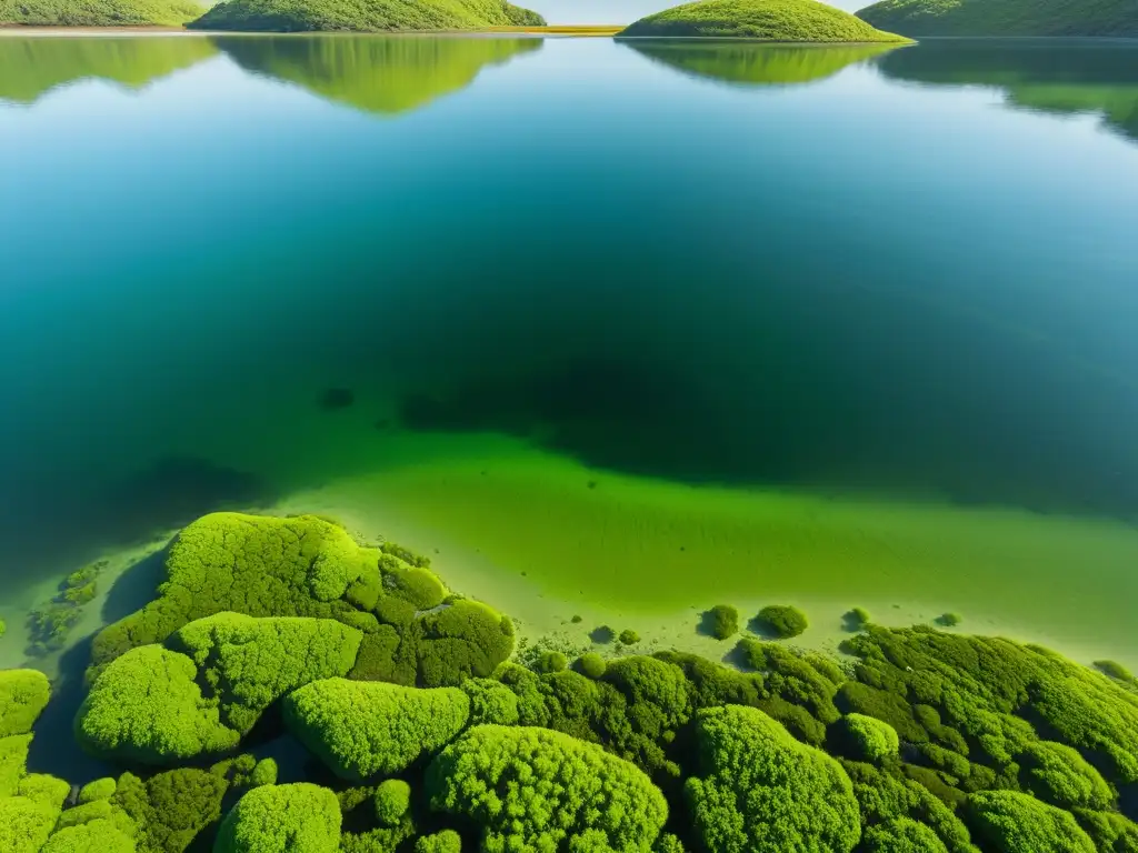 Bella bioenergía doméstica con algas marinas en serena escena costera, reflejando la luz del sol en agua cristalina