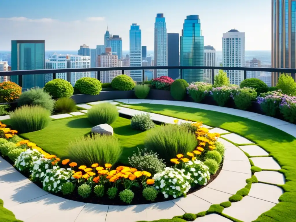 Belleza natural en un techo verde urbano, con plantas coloridas y moderna arquitectura