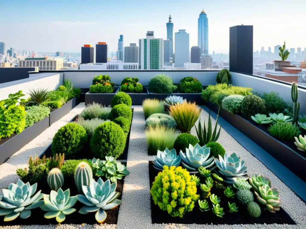 Bello jardín en la azotea con plantas exuberantes y modernas áreas de descanso, mostrando los beneficios de techos verdes para hogar