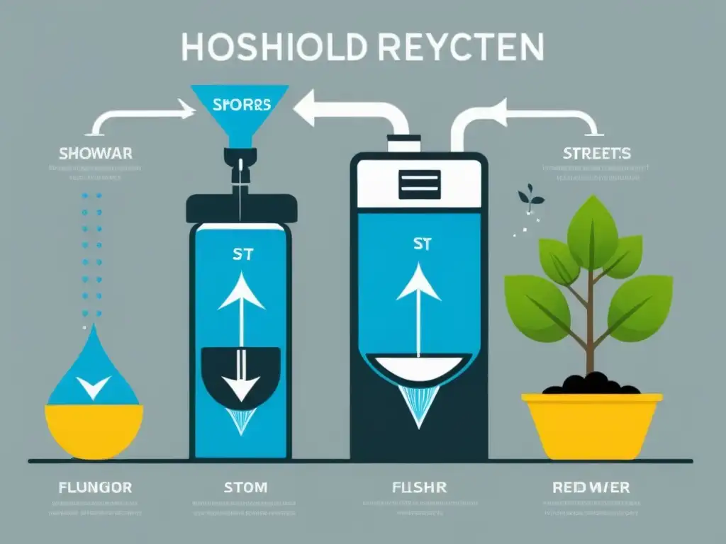 Beneficios de los sistemas de recuperación de aguas grises: Ilustración minimalista de un sistema de reciclaje de aguas grises en el hogar