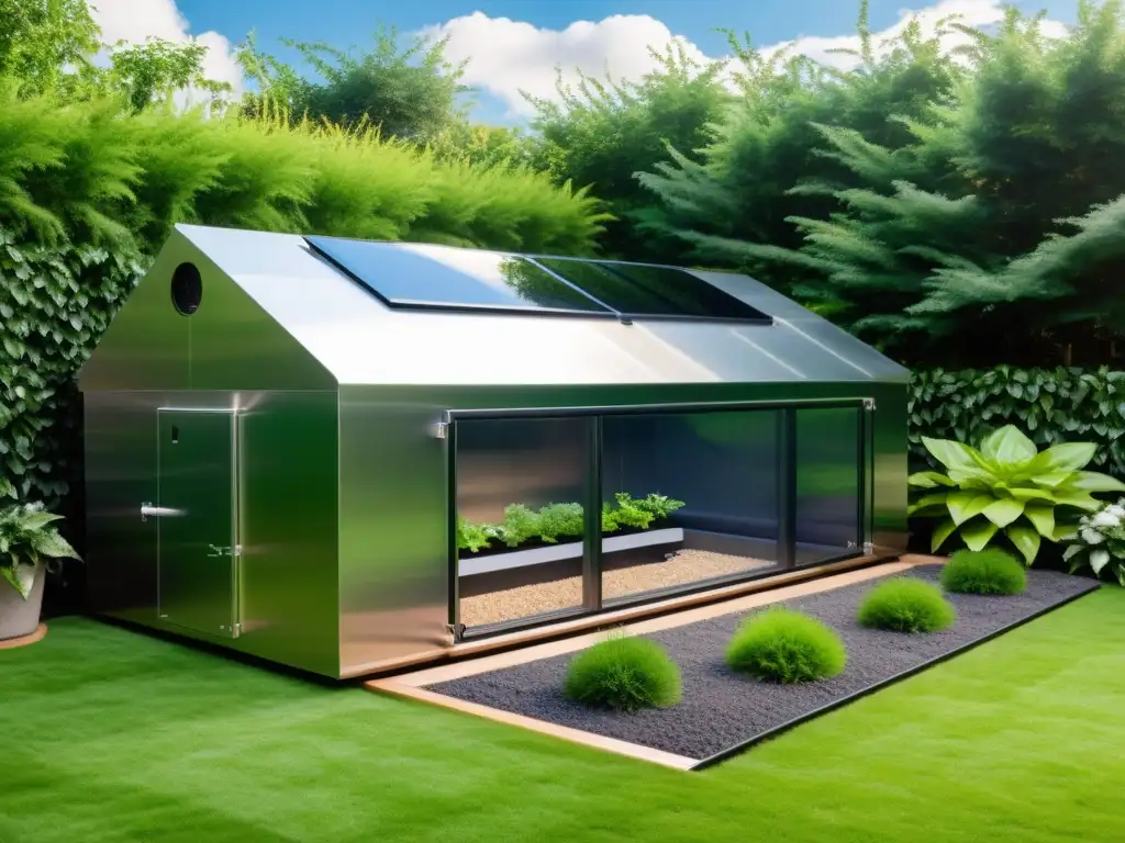 Biodigestor doméstico autogestión energética en jardín minimalista con diseño moderno, rodeado de plantas verdes