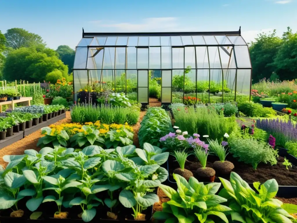 Jardín biodinámico sostenible con plantas florecientes, abejas y mariposas