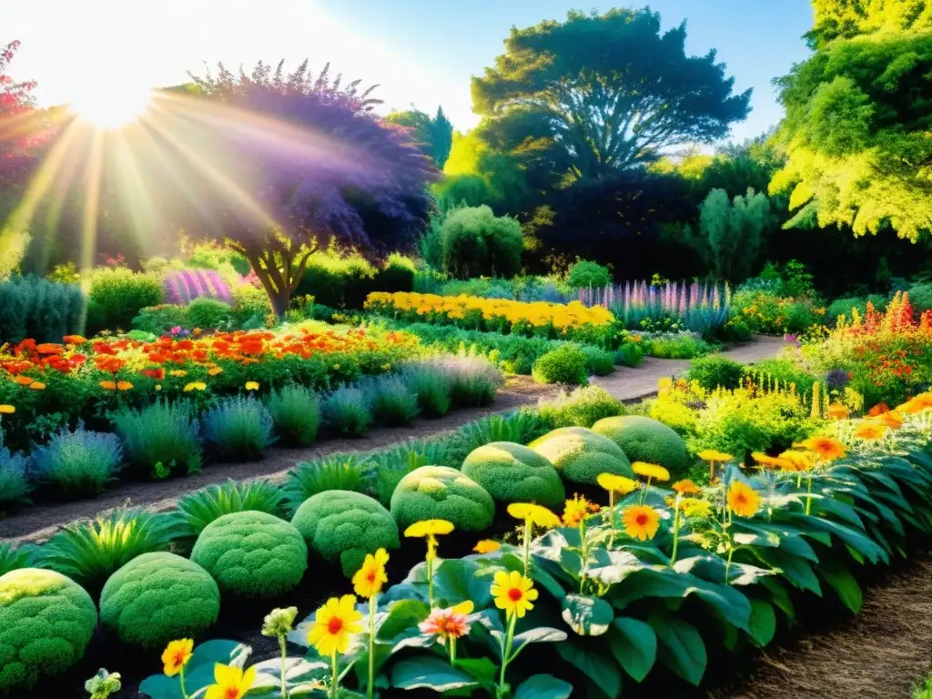 Un jardín biodiverso y vibrante muestra prácticas de agricultura biodinámica sostenible, con flores, frutas y vegetales de colores