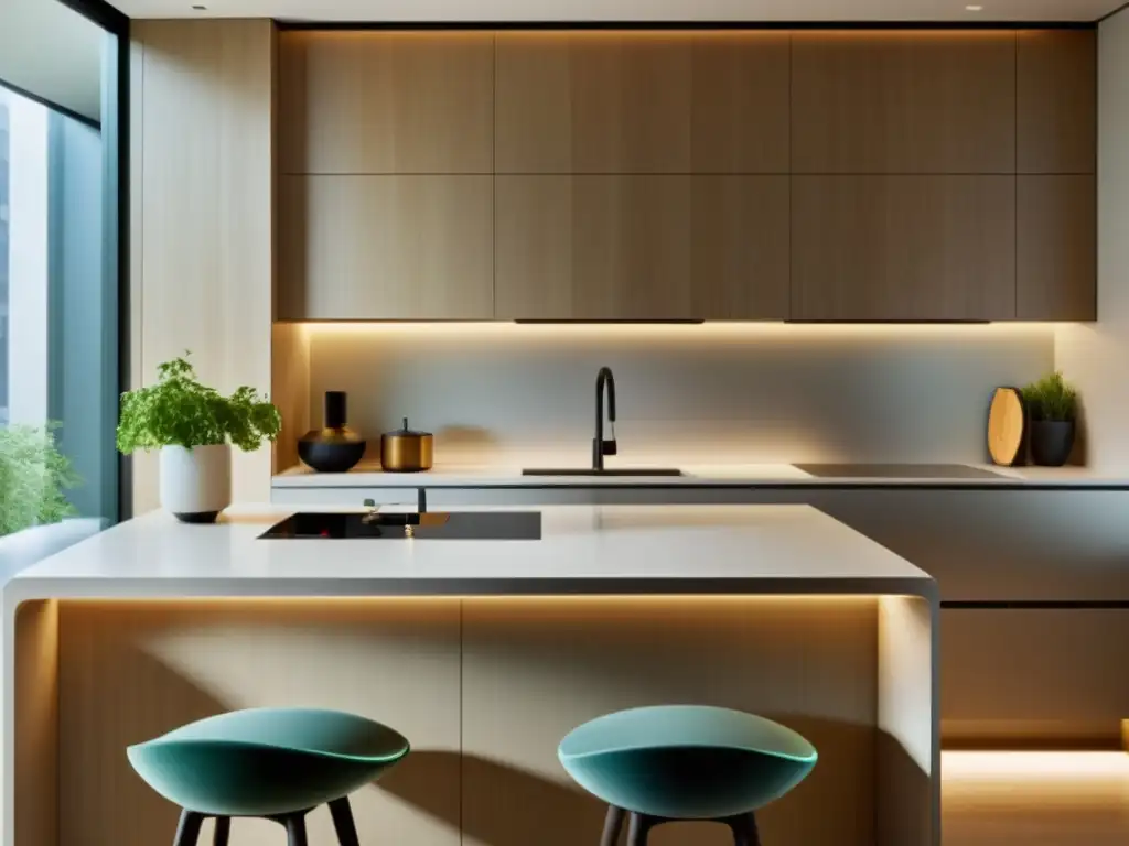 Bioenergía en apartamentos urbanos: Cocina moderna con generador integrado en la encimera, emitiendo una suave luz ambiental