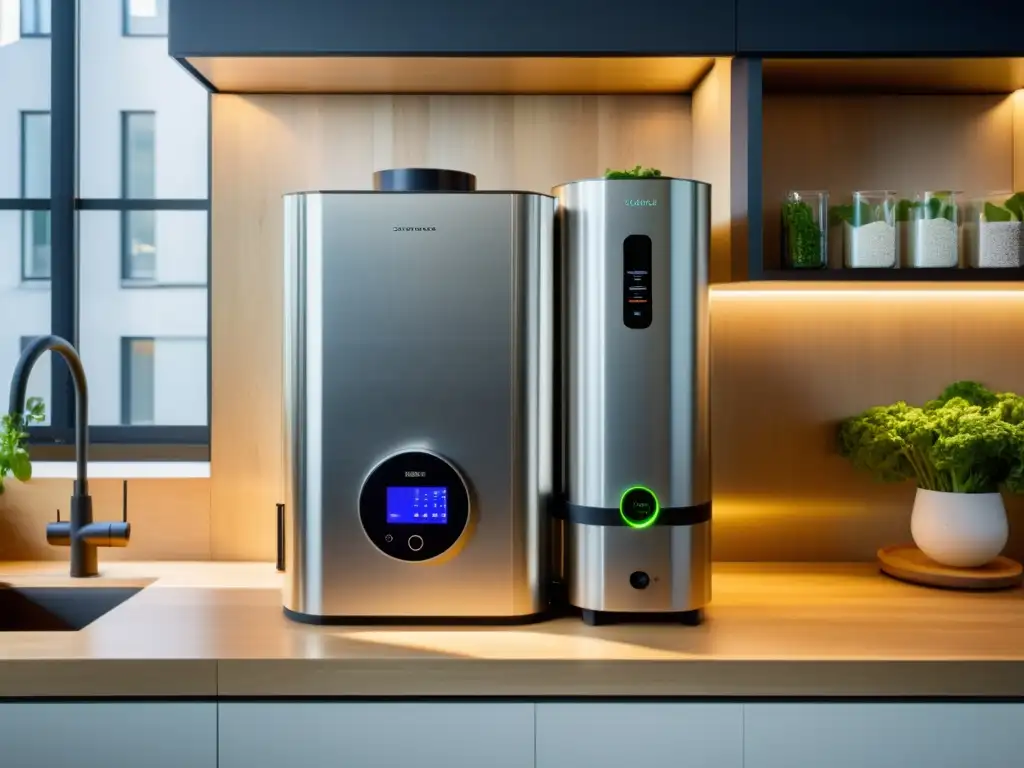 Bioenergía en apartamentos urbanos: sistema compacto y moderno en cocina con bioreactor y generador de biomasa, integrado en espacio urbano