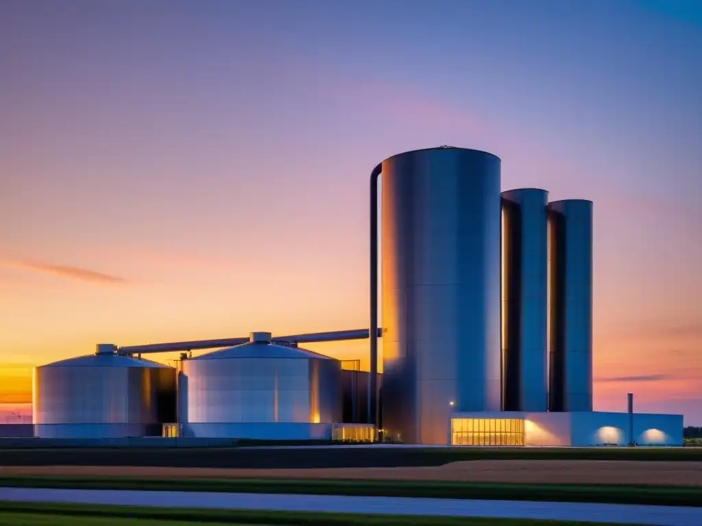 Bioenergía en la Economía Circular: Una planta moderna al atardecer, con arquitectura angular resaltando en el cielo colorido