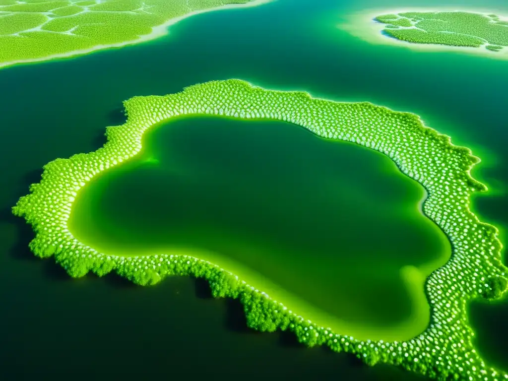 Producción de bioenergía con microalgas: Deslumbrante campo de microalgas verdes flotando en agua clara y tranquila, con patrones de luz solar