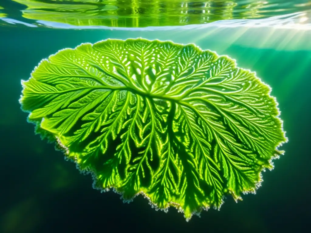 Bioenergía sostenible con algas: Intrincadas algas verdes bailando en agua cristalina, iluminadas por el sol, creando un espectáculo visual hipnotizante