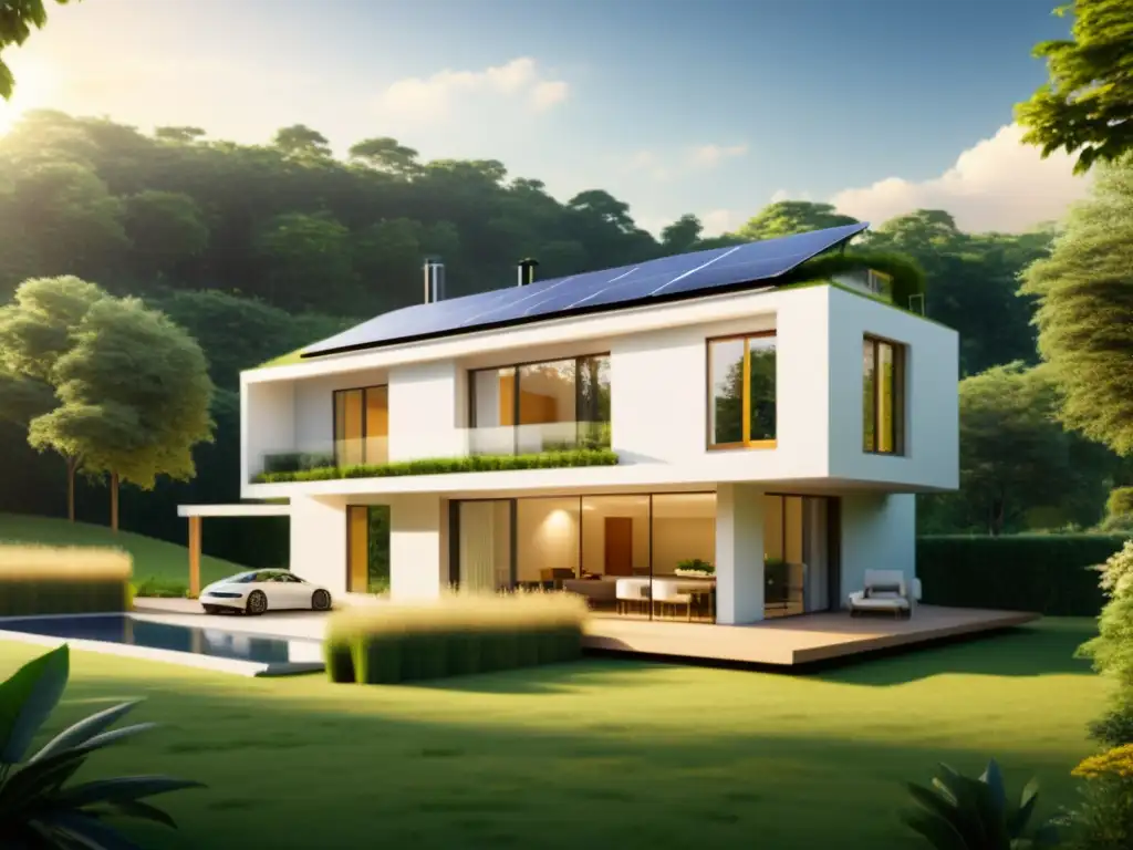 Biomasa como fuente de energía renovable: Casa moderna y ecológica con paneles solares, calefacción de biomasa y entorno natural exuberante