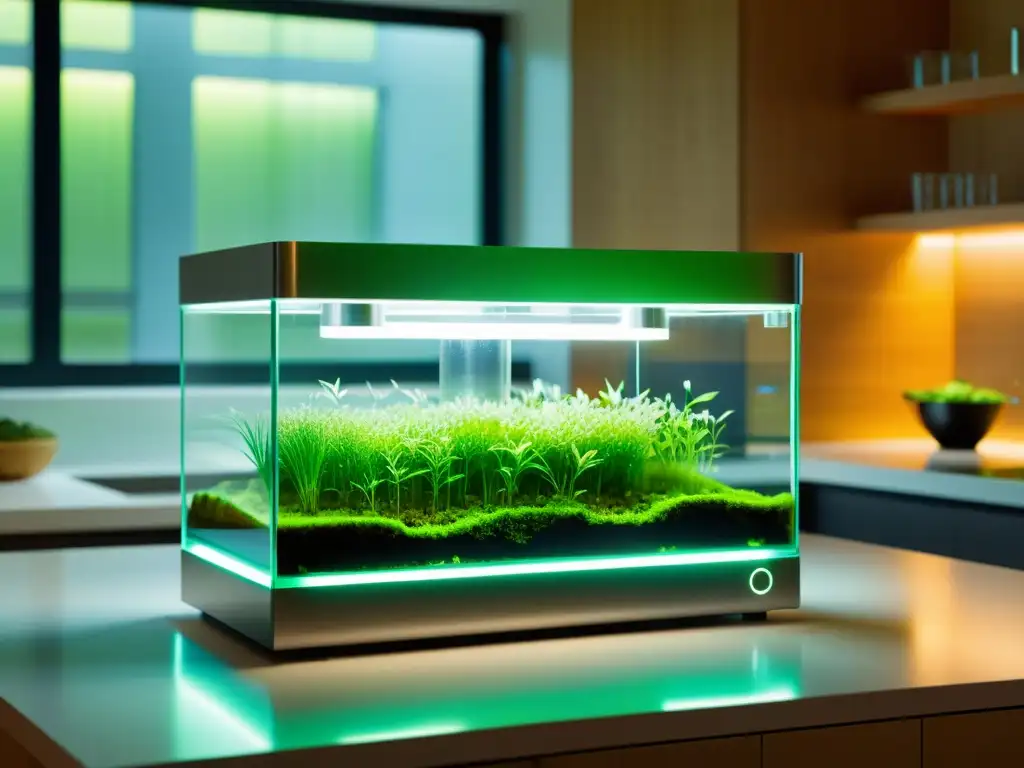 Un bioreactor de algas moderno y elegante en una encimera de cocina, bañado por luz natural