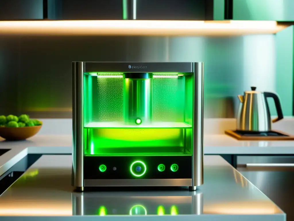 Un bioreactor en una cocina moderna con pequeñas plantas de biocombustible sostenible en vibrante líquido verde