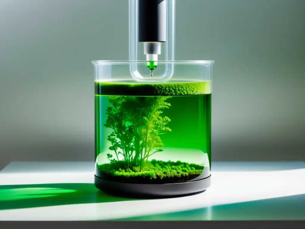 Un bioreactor de cristal minimalista muestra microalgas verdes vibrantes