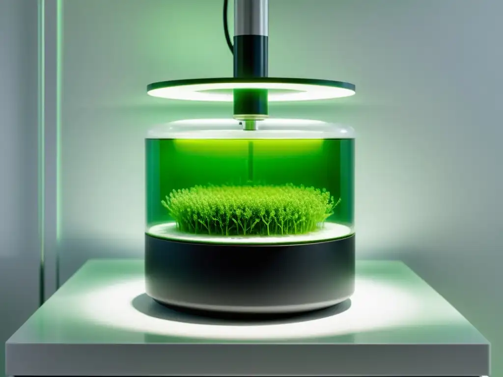Bioreactor de microalgas iluminado con luz natural en laboratorio blanco