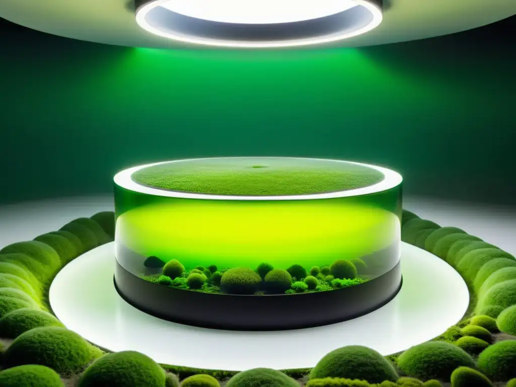 Un bioreactor minimalista rebosante de algas verdes vibrantes, iluminado por suave luz difusa