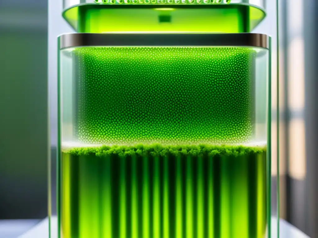 Bioreactor transparente con microalgas verdes vibrantes y estructuras celulares, burbujas subiendo