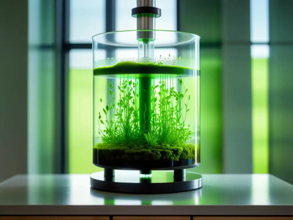 Un bioreactor de vidrio moderno lleno de vibrantes microalgas verdes, iluminado por luz natural