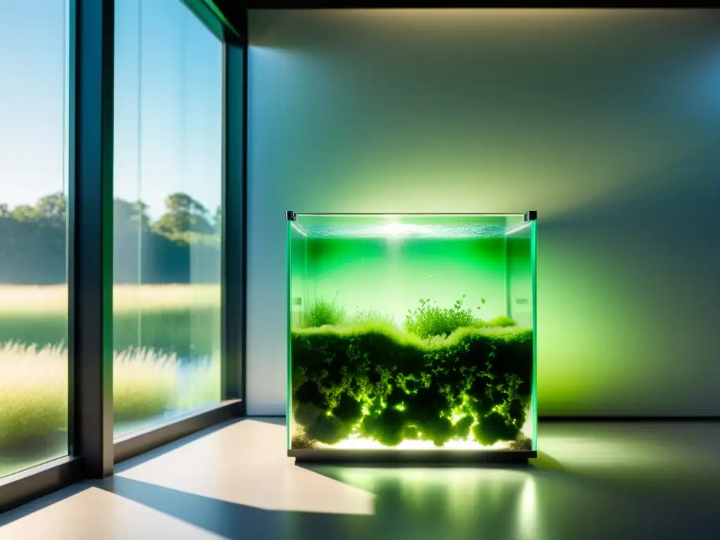 Biorreactor de vidrio con algas verdes vibrantes iluminadas por luz natural, creando un ambiente tranquilo y sostenible