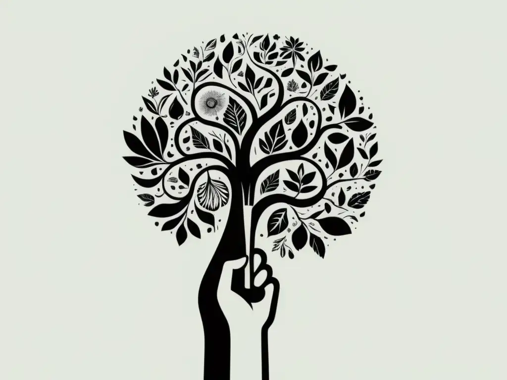 Una ilustración en blanco y negro de una persona sosteniendo un pincel con un árbol brotando de él, representando la energía sostenible y expresiones culturales