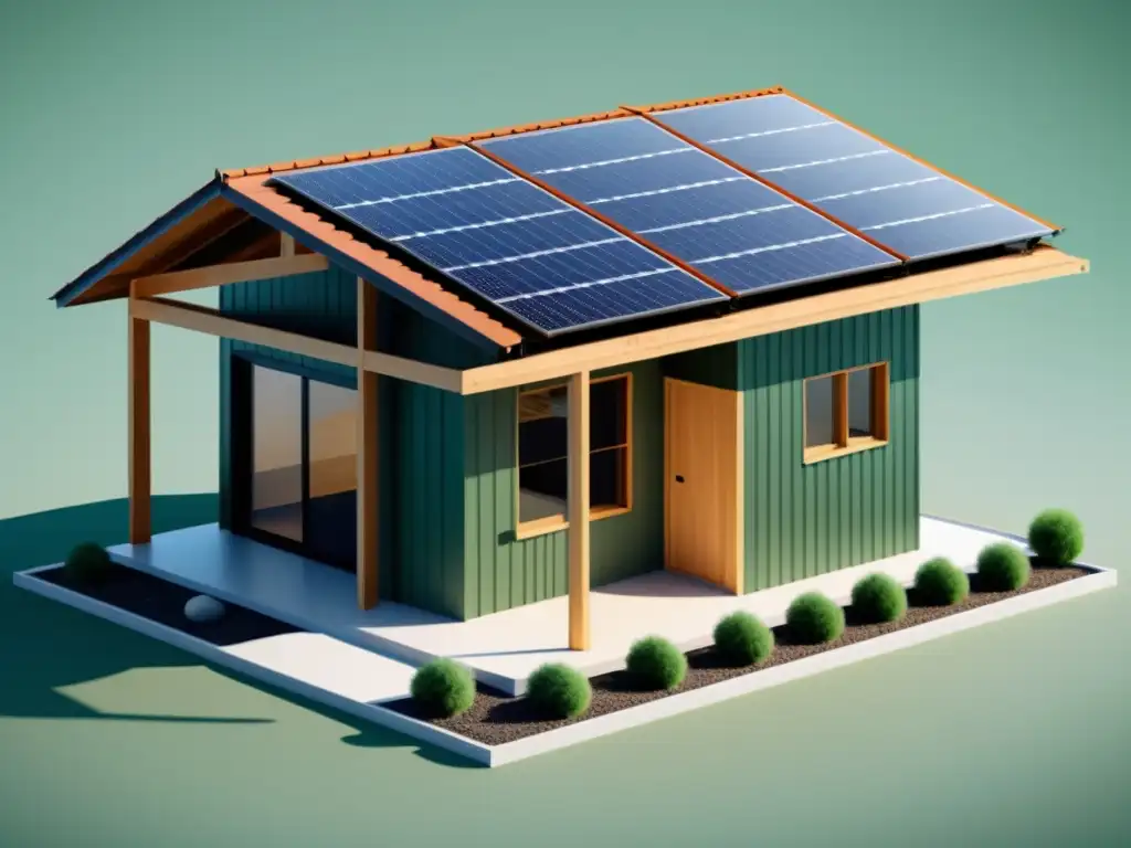 Blueprint sostenible de vivienda con paneles solares, sistemas de recolección de agua y espacios verdes