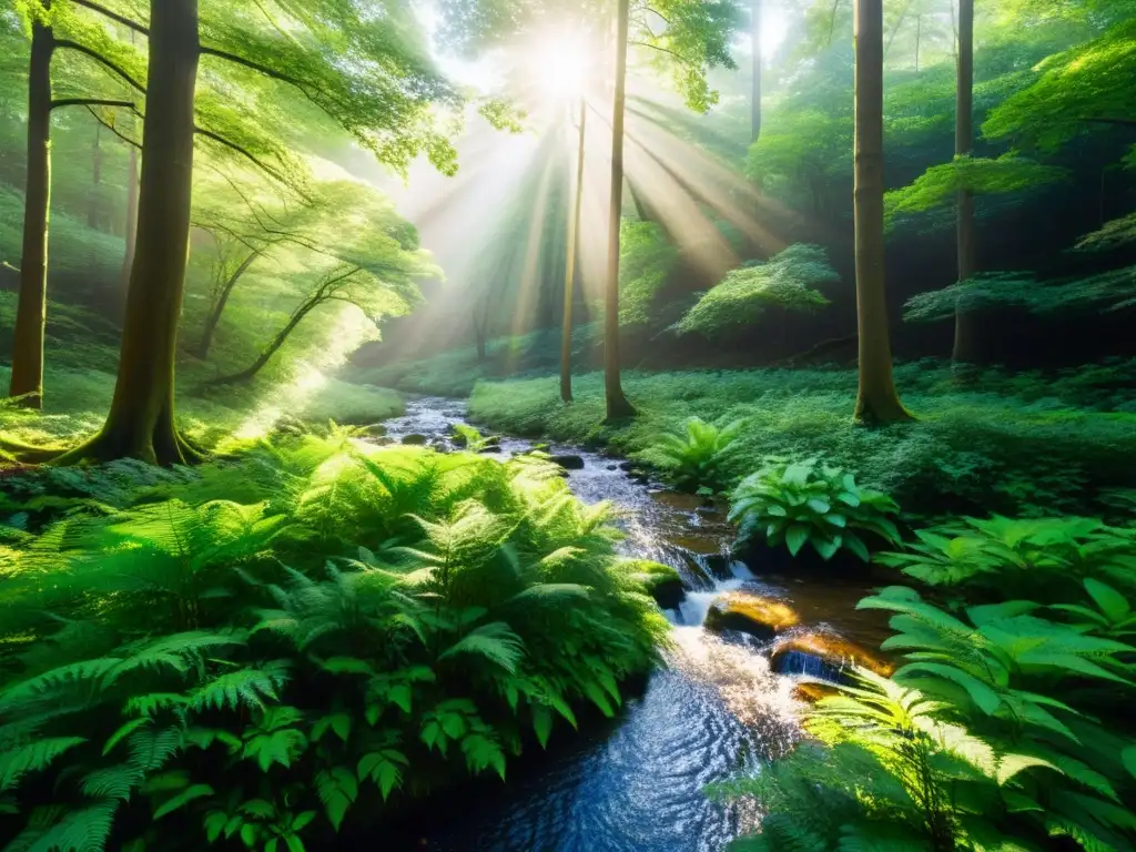 Bosque verde exuberante: belleza natural serena Un bosque exuberante con árboles altos alcanzando el cielo azul