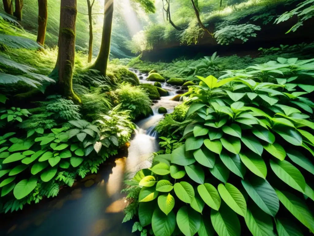 Un bosque exuberante con un arroyo serpenteante, transmitiendo armonía ambiental