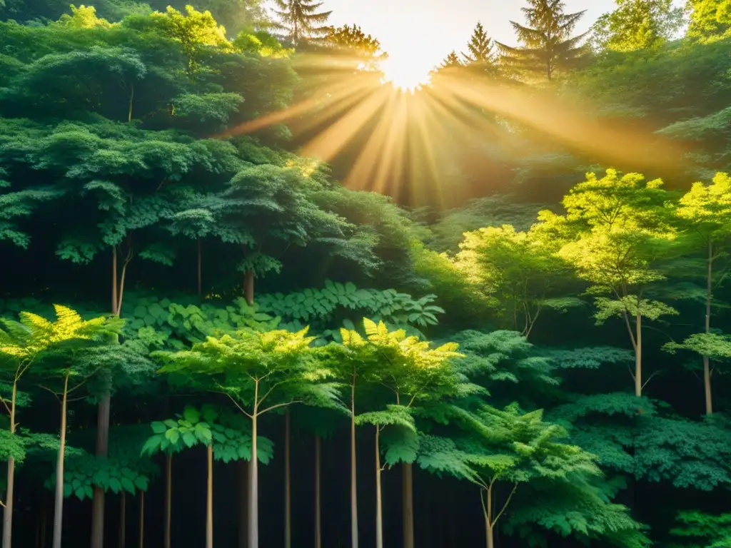 Un bosque exuberante bañado por la cálida luz solar, con patrones de sombras y luces entre la densa vegetación