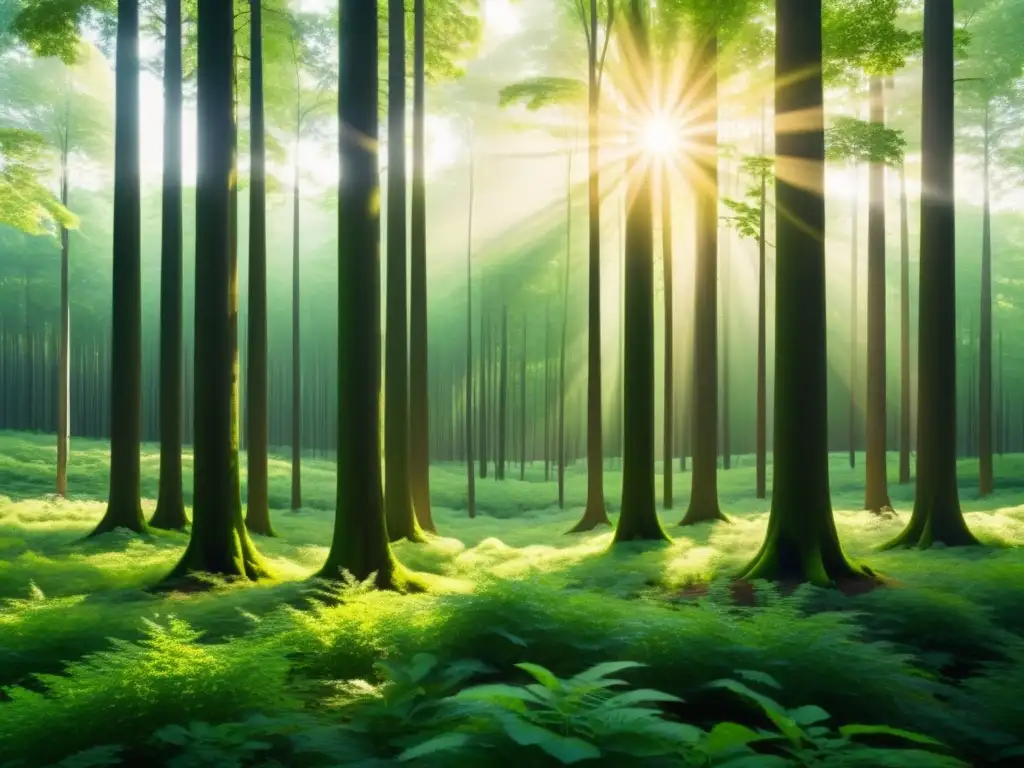 Un bosque exuberante bañado por la luz del sol, simbolizando el potencial de la bioenergía como solución al cambio climático