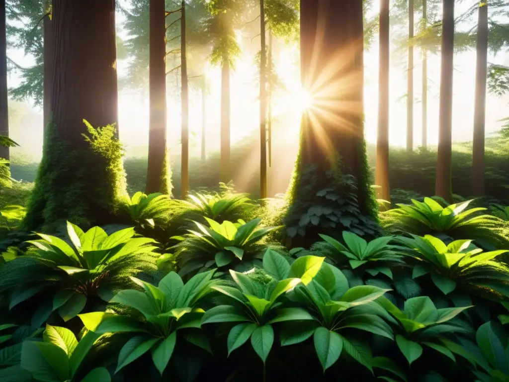 Bosque exuberante bañado en luz dorada, resaltando la biodiversidad y el impacto positivo de la energía solar