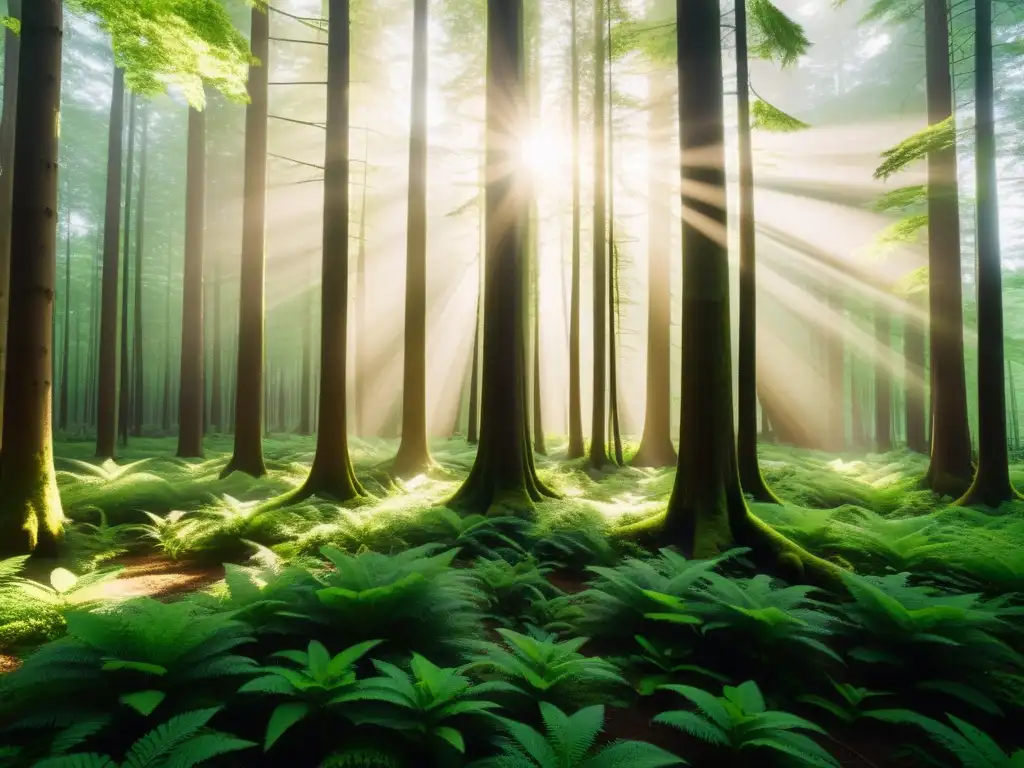 Un bosque exuberante bañado por la luz del sol, con patrones de luz y sombra