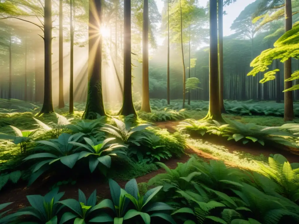 Un bosque exuberante bañado por el sol, con vida silvestre conviviendo en armonía con la energía solar