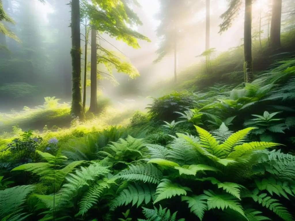 Un bosque exuberante bañado por suave luz dorada