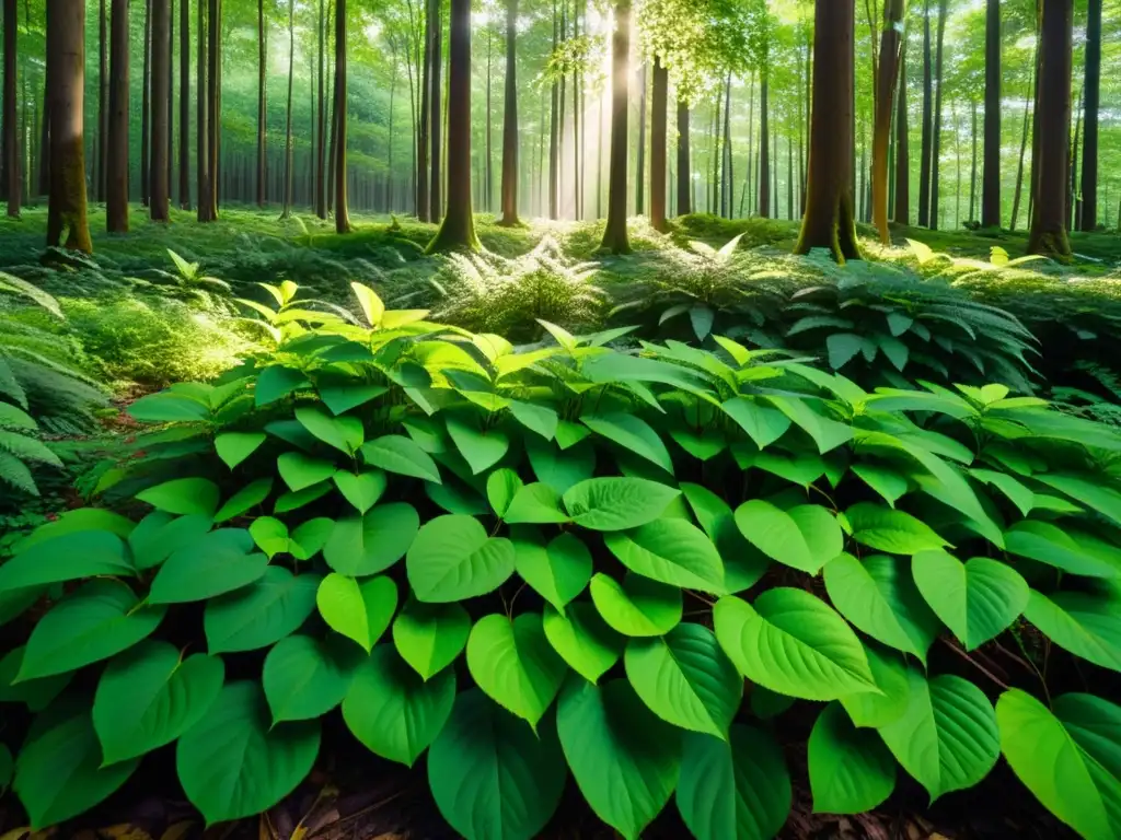 Un bosque exuberante y detallado, con luz solar filtrándose a través del dosel, creando patrones de luz y sombra