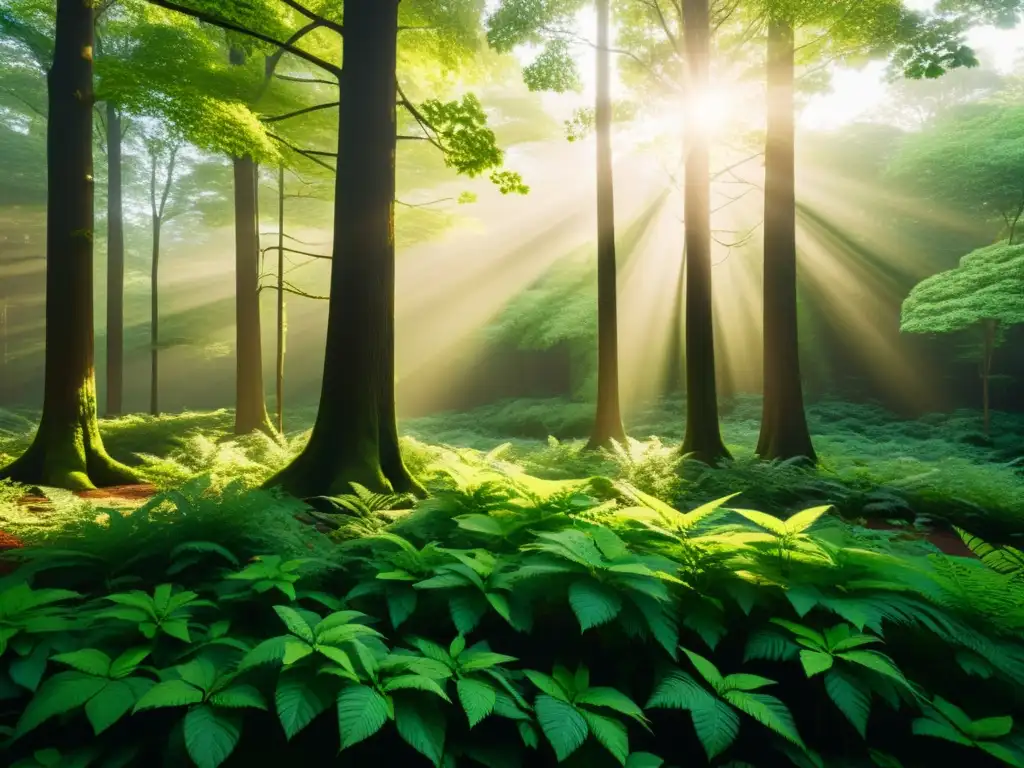 Un bosque exuberante iluminado por el sol, reflejando biodiversidad y armonía ambiental