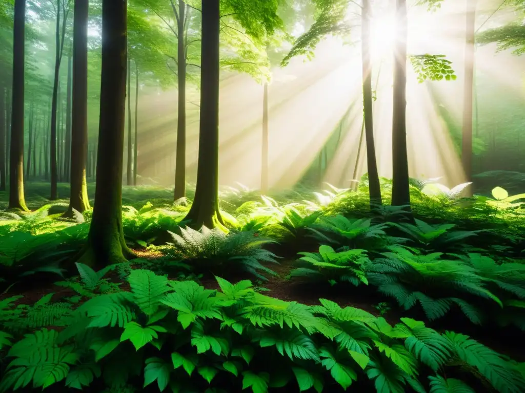 Un bosque exuberante con luz solar filtrándose entre las hojas, creando patrones en el suelo