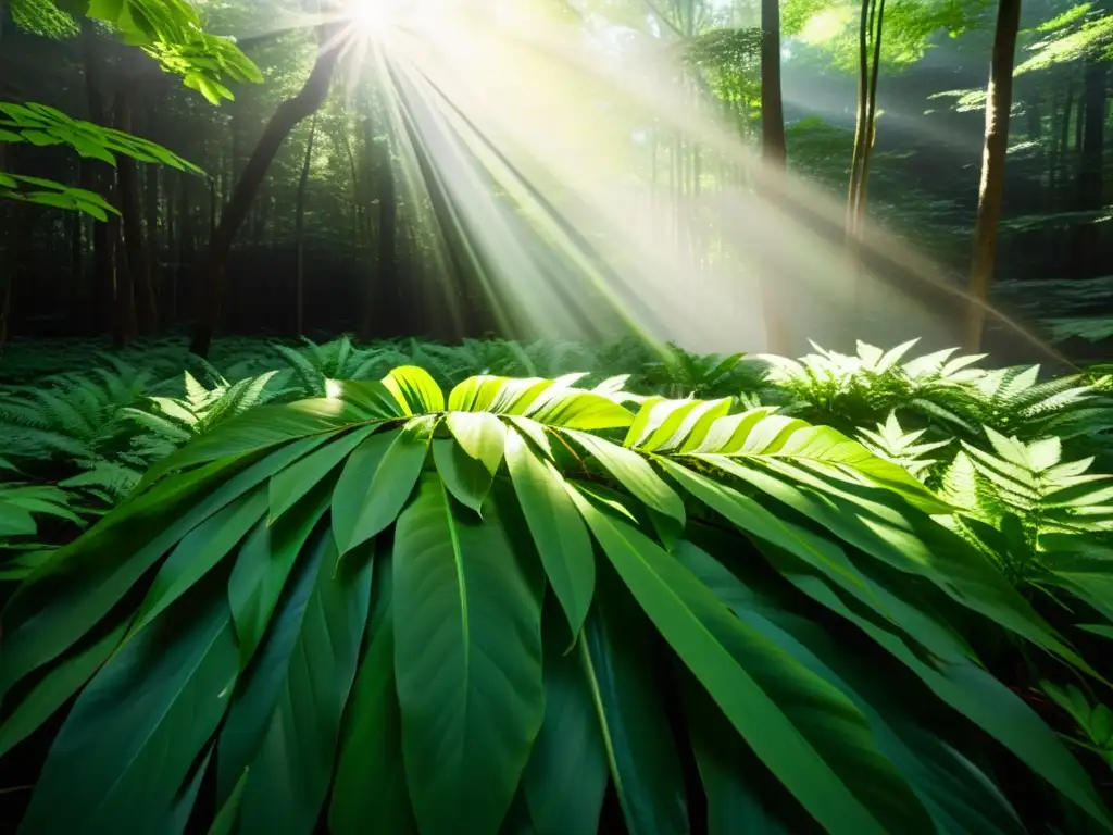 Un bosque exuberante con luz solar filtrándose a través del dosel, creando patrones de luz y sombra