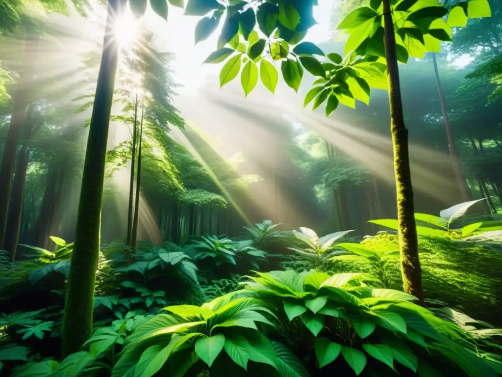 Un bosque exuberante con luz solar filtrándose a través del dosel, resaltando las hojas vibrantes y creando una atmósfera natural y tranquila