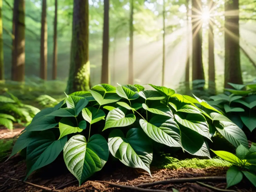 Un bosque exuberante con luz solar filtrándose entre las hojas, creando patrones en el suelo