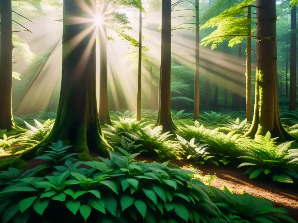 Un bosque exuberante con luz solar filtrada, creando sombras y un ambiente tranquilo