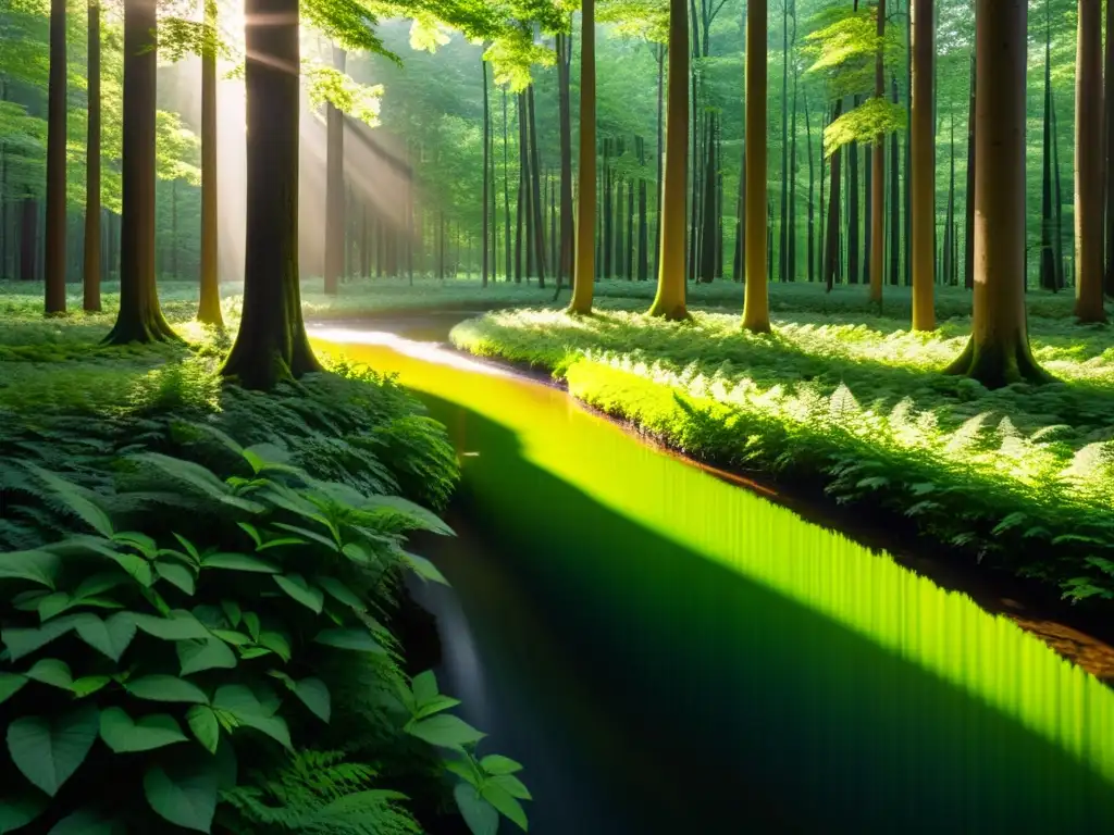 Bosque sostenible: luz y vida en la naturaleza Un bosque exuberante con luz solar filtrándose a través de las hojas, creando patrones de sombras