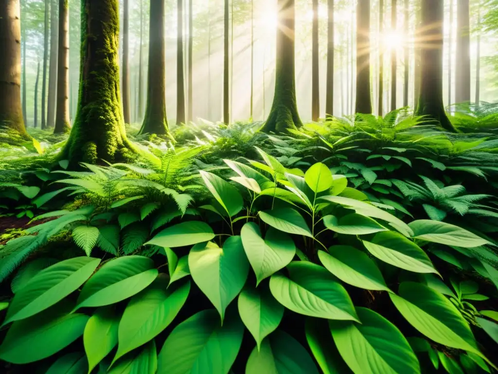 Imagen 8k de bosque verde exuberante: ciclo de vida biodiverso Un bosque exuberante con luz solar filtrándose entre las hojas, creando un patrón moteado en el suelo
