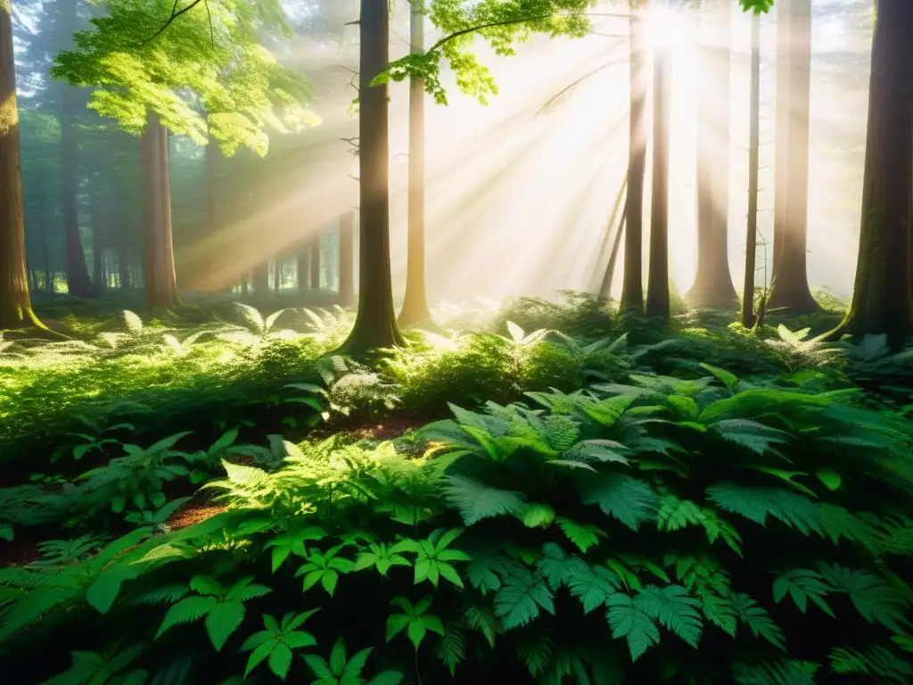 Bosque vibrante: luz y sombra en alta resolución Un bosque exuberante y vibrante, con luz solar filtrándose entre las hojas, creando patrones de sombra y luz en el suelo del bosque
