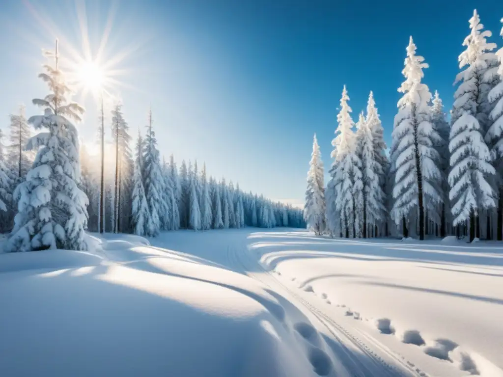 Un bosque finlandés cubierto de nieve, con árboles altos y delgados, bañados por el sol