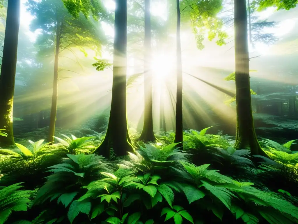 Un bosque verde exuberante con luz solar filtrándose a través del dosel, resaltando las hojas vibrantes y creando una atmósfera tranquila y serena