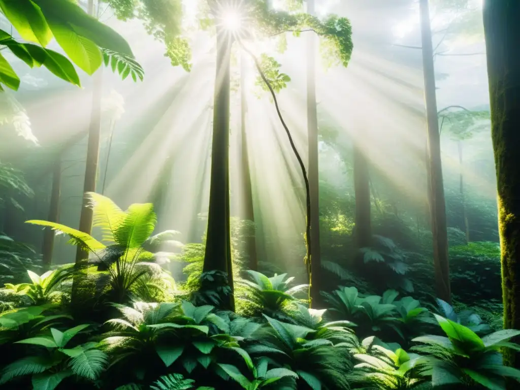 Un bosque verde exuberante con luz solar filtrándose a través del dosel, resaltando la diversa vida vegetal y animal