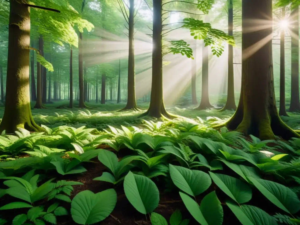 Un bosque verde vibrante, iluminado por rayos de sol que atraviesan el denso follaje, creando sombras moteadas en el suelo