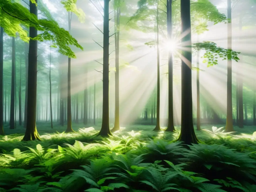 Un bosque verde vibrante con luz filtrándose a través del follaje, creando un juego de luces y sombras en el suelo