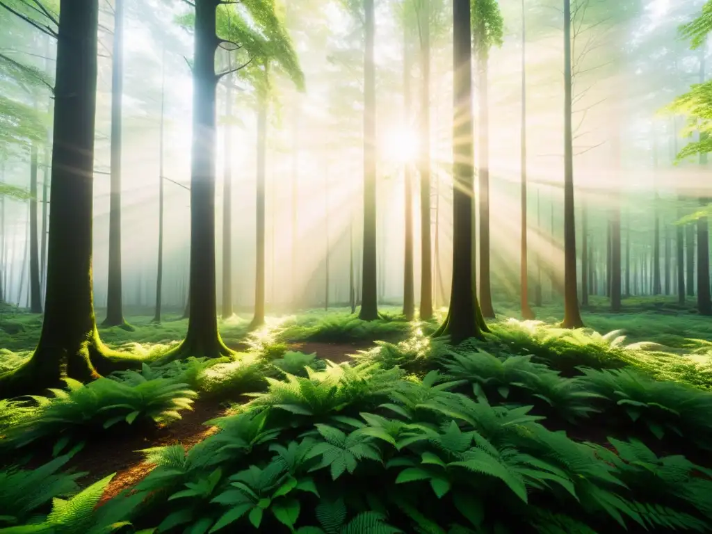 Un bosque vibrante, bañado por la luz del sol y con patrones de sombras en el suelo