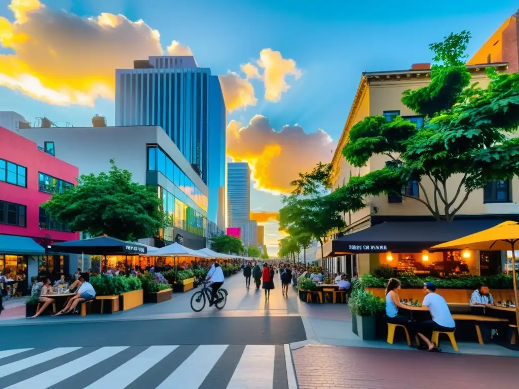 Una bulliciosa calle de la ciudad llena de gente caminando, andando en bicicleta y disfrutando de los asientos al aire libre en cafés